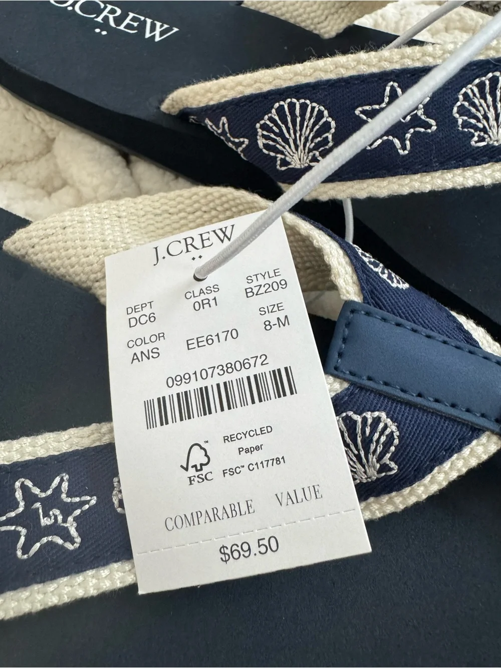 J.Crew Navy Embroidered Shell Flip Flops - Brand New with tags